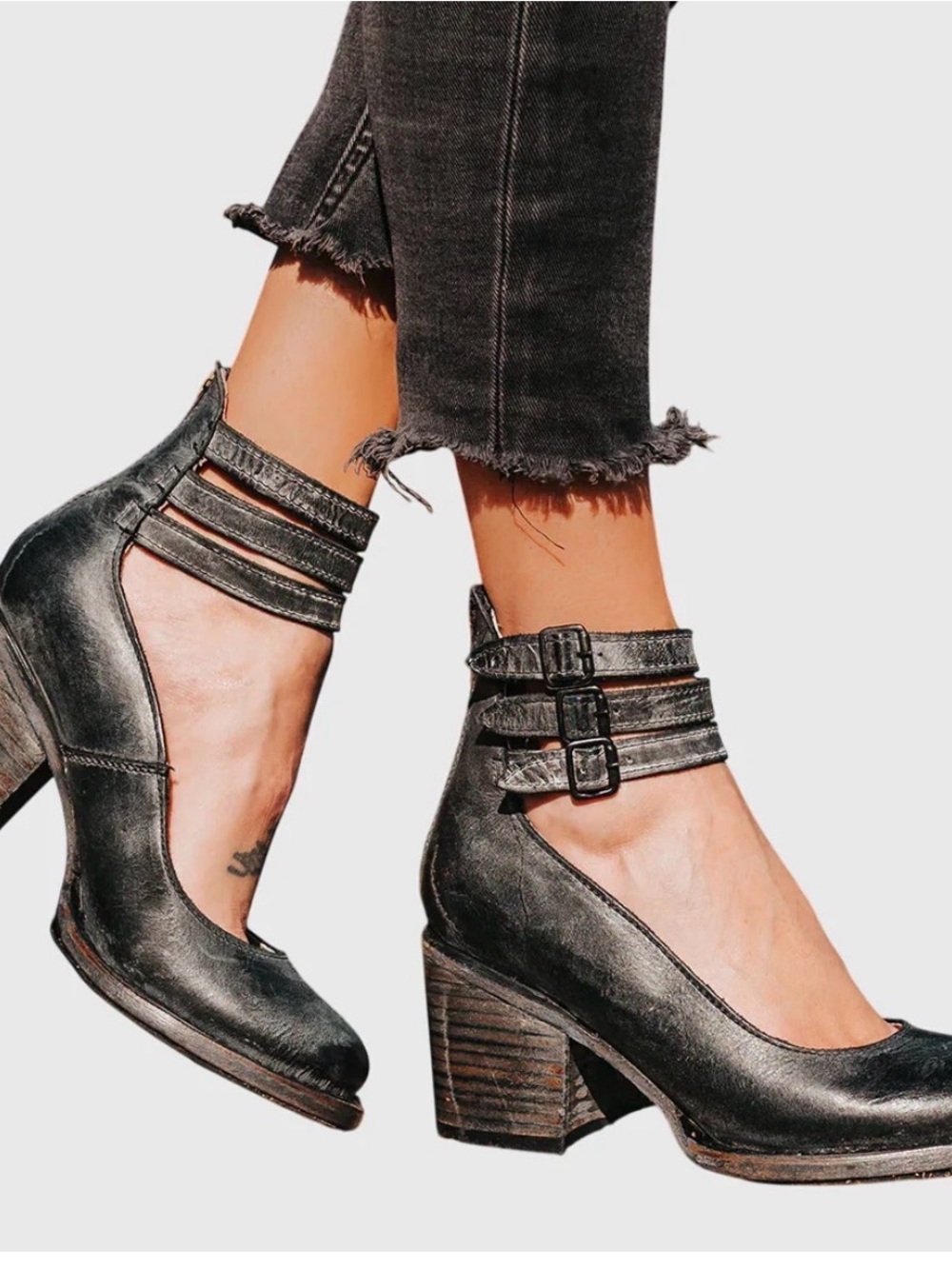 Women's Black Double-Ankle Strap Block Heel Pumps